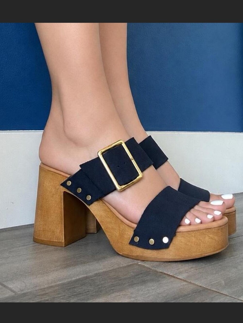 Avellini Italian Suede Platform Block Heel Open Toe Studded Sandals In Navy 7